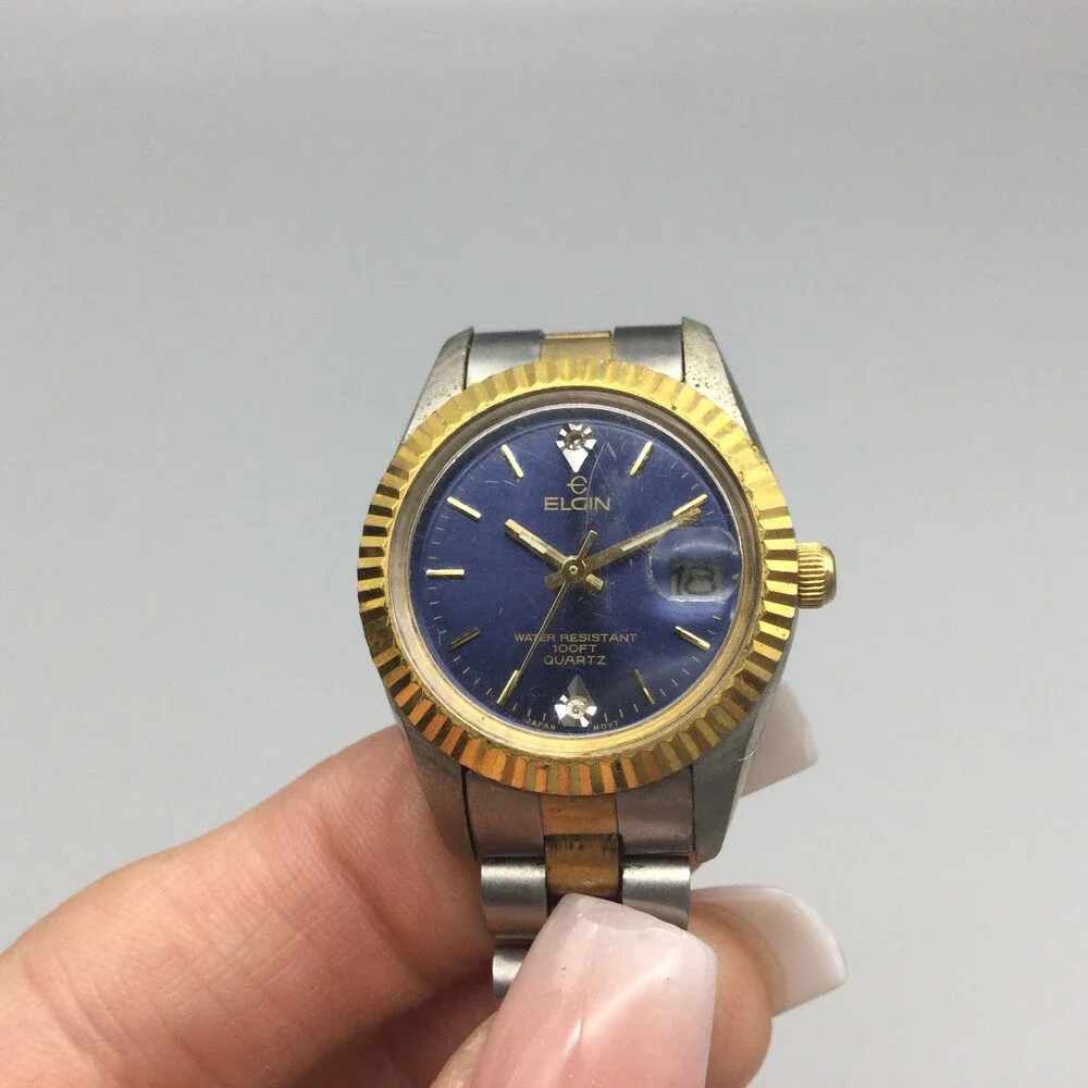 Elgin Womens Watch 25mm Blue Dial Two Tone Date Diamond Fluted New Battery 7